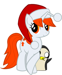 Size: 743x900 | Tagged: safe, artist:undead-niklos, oc, oc:karma, pony, unicorn, adventure time, christmas, crossed legs, cutie mark, female, gunther, hat, holiday, mare, ponified, reddit, santa hat, simple background, transparent background, upvote, vector, waving