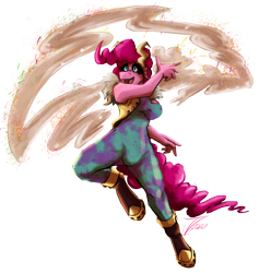 Size: 2480x2611 | Tagged: safe, artist:jamescorck, pinkie pie, anthro, unguligrade anthro, black sclera, clothes, cosplay, costume, crossover, female, food, frosting, horns, mina ashido, my hero academia, simple background, solo, spandex, sprinkles, superhero, transparent background