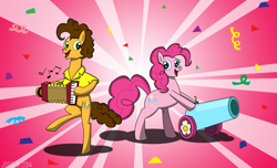 Size: 4752x2880 | Tagged: safe, artist:jde10, cheese sandwich, pinkie pie, earth pony, pony, accordion, bipedal, cannon, confetti, cute, diacheeses, diapinkes, duo, female, high res, male, music notes, musical instrument, party cannon, sunburst background