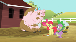Size: 1280x720 | Tagged: safe, screencap, apple bloom, spike, dragon, earth pony, pig, pony, spike at your service, brush, bucket, cloven hooves, female, filly, foal, male, mud, muddy, pigsty, trio