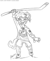 Size: 981x1200 | Tagged: safe, artist:kaemantis, plaid stripes, anthro, unguligrade anthro, bandage, black and white, clothes, commission, grayscale, hockey, hockey stick, ice skates, monochrome, signature, simple background, solo, sports, white background