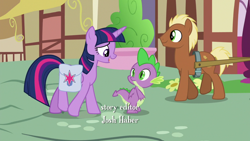 Size: 1920x1080 | Tagged: safe, screencap, meadow song, spike, twilight sparkle, twilight sparkle (alicorn), alicorn, dragon, a trivial pursuit, bag, book, saddle bag, winged spike