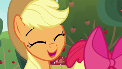Size: 1280x720 | Tagged: safe, derpibooru import, screencap, apple bloom, applejack, earth pony, pony, going to seed, apple, apple tree, bust, cute, eyes closed, food, jackabetes, open mouth, portrait, tree
