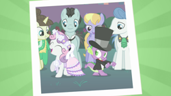 Size: 640x360 | Tagged: safe, screencap, bruce mane, cloud kicker, fine line, maxie, orion, shooting star (character), spike, sweetie belle, dragon, pegasus, pony, unicorn, a canterlot wedding, clothes, cute, dancing, dress, female, filly, hat, male, mare, photo, shipping fuel, stallion, suit, top hat