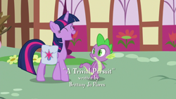 Size: 1920x1080 | Tagged: safe, screencap, spike, twilight sparkle, twilight sparkle (alicorn), alicorn, dragon, a trivial pursuit, bag, happy, saddle bag, winged spike