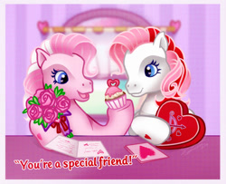 Size: 840x682 | Tagged: safe, artist:conphettey, g3, always and forever, bouquet, candy, cupcake, cutie mark, flower, food, valentine's day card, yours truly