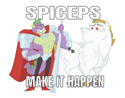 Size: 750x588 | Tagged: safe, artist:multiversecafe, editor:undeadponysoldier, bulk biceps, spike, dragon, abs, armor, beefspike, exploitable meme, gay, gigachad spike, lance, make it happen, male, meme, muscles, older, older spike, shipping, spiceps, stallion, strong, weapon