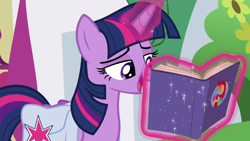 Size: 1920x1080 | Tagged: safe, screencap, twilight sparkle, twilight sparkle (alicorn), alicorn, a trivial pursuit, bag, book, saddle bag, solo