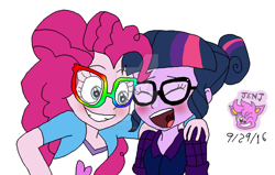 Size: 1024x651 | Tagged: safe, artist:resotii, pinkie pie, sci-twi, twilight sparkle, equestria girls, female, glasses, lesbian, scitwinkie, shipping, twinkie