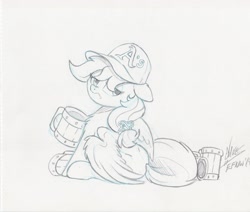 Size: 2816x2384 | Tagged: safe, artist:ncmares, oc, oc:vanilla creame, pegasus, alcohol, beer, grumpy, hat, looking back, mug, oakland athletics, sitting, traditional art