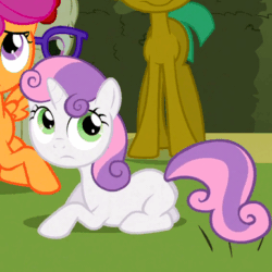Size: 386x386 | Tagged: safe, edit, edited screencap, screencap, scootaloo, snails, sweetie belle, twist, earth pony, pegasus, pony, unicorn, season 2, the return of harmony, animated, butt, colt, cropped, dancing, female, filly, frown, gif, glasses, grass, looking at you, looking back, looking back at you, loop, male, out of context, perfect loop, plot, prone, sweetie butt