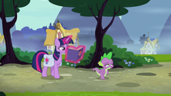 Size: 1920x1080 | Tagged: safe, screencap, spike, twilight sparkle, twilight sparkle (alicorn), alicorn, dragon, a trivial pursuit, bag, book, saddle bag, tired, winged spike