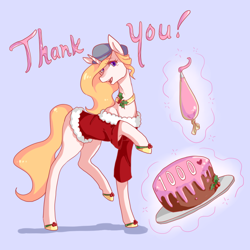 Size: 1000x1000 | Tagged: safe, artist:missmaeko, oc, oc only, oc:strawberry swirl, pony, unicorn, cake, female, food, icing bag, magic, mare, solo, swirlycafe, telekinesis