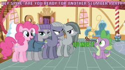 Size: 638x359 | Tagged: artist needed, safe, derpibooru import, edit, edited screencap, editor:undeadponysoldier, screencap, limestone pie, marble pie, maud pie, pinkie pie, spike, dragon, earth pony, pony, best friends, female, male, marblespike, mare, maudspike, pie sisters, pinkiespike, shipping, siblings, sisters, sitting, slumber party, spike gets all the mares, spike gets all the pie sisters, spikestone, straight