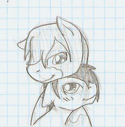 Size: 454x460 | Tagged: safe, artist:ravenpuff, oc, oc only, oc:muujiza, oc:neolith, earth pony, pony, blushing, bust, earth pony oc, gay, graph paper, grayscale, hair over one eye, male, monochrome, nuzzling, oc x oc, shipping, smiling, stallion, traditional art