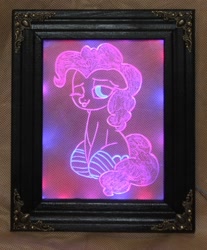 Size: 1355x1638 | Tagged: safe, artist:ashenonedreamer, artist:moozua, pinkie pie, earth pony, pony, acrylic plastic, acrylight, clothes, craft, engraving, female, floppy ears, led, mare, one eye closed, smiling, socks, solo, striped socks, tongue out, wink