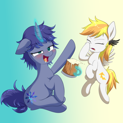 Size: 3029x3029 | Tagged: safe, artist:yinglongfujun, oc, oc:moonlight toccata, oc:stormy squall, pegasus, pony, unicorn, alcohol, beer, blushing, cross-eyed, drunk, facehoof, magic, magic aura