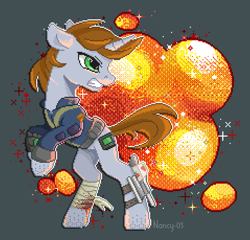 Size: 1435x1376 | Tagged: safe, artist:nancy-05, oc, oc only, oc:littlepip, pony, unicorn, fallout equestria, bandage, blood, clothes, explosion, fanfic, fanfic art, female, gritted teeth, gun, handgun, hooves, horn, injured, little macintosh, mare, optical sight, pipbuck, pixel art, rearing, revolver, scope, solo, vault suit, weapon