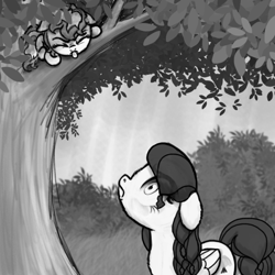 Size: 800x800 | Tagged: safe, artist:nimaru, oc, oc only, oc:honeycrisp, oc:winter willow, pegasus, didn't think this through, female, floppy ears, mare, monochrome, tongue out, tree