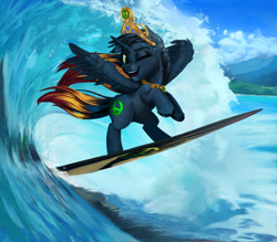 Size: 1934x1698 | Tagged: safe, artist:holymeh, oc, oc:princess cave, alicorn, pony, alicorn oc, summer, surfing, ych result