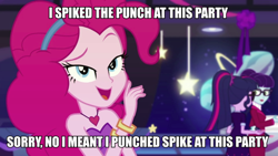 Size: 900x506 | Tagged: safe, pinkie pie, twilight sparkle, equestria girls, abuse, animal abuse, caption, image macro, implied spike, meme, spikeabuse, text