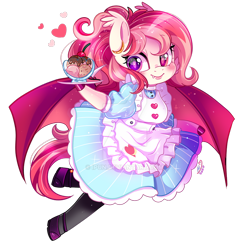 Size: 800x800 | Tagged: safe, artist:ipun, oc, oc only, oc:blood moon, anthro, bat pony, unguligrade anthro, anthro oc, apron, arm hooves, bat pony oc, clothes, deviantart watermark, dress, fangs, female, food, friendship cafe, heart, heterochromia, ice cream, maid, mare, obtrusive watermark, shoes, simple background, socks, solo, transparent background, watermark