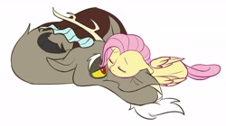 Size: 6504x3636 | Tagged: safe, artist:chub-wub, discord, fluttershy, pegasus, pony, cuddling, cute, discoshy, discute, eyes closed, female, floppy ears, male, shipping, shyabetes, simple background, sleepy, straight, white background