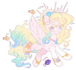 Size: 1280x1190 | Tagged: safe, artist:hawthornss, oc, alicorn, fish, pony, albino, beauty mark, clothes, crown, ear piercing, earring, jewelry, looking at you, piercing, regalia, simple background, socks, solo, transparent background