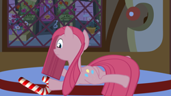 Size: 1920x1080 | Tagged: safe, artist:onputrevor, pinkie pie, earth pony, pony, balloonbutt, butt, candy, candy cane, female, food, mare, pinkamena diane pie, plot, show accurate, solo, sugarcube corner