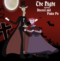 Size: 3943x4000 | Tagged: safe, discord, pinkie pie, anthro, plantigrade anthro, vampire, blackletter, cape, clothes, crossover, daria cohen, discopie, dress, female, fishnet stockings, gravestone, graveyard, hat, male, missi and the duke, moon, red sky, shipping, smiling, straight, the night, top hat