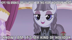 Size: 639x358 | Tagged: safe, edit, edited screencap, editor:undeadponysoldier, screencap, inky rose, pony, honest apple, 2019, caption, clothes, cute, cute smile, dress, female, goth, halloween, holiday, image macro, inkybetes, looking at you, mare, meme, nightmare night, op is too early, pigtails, smiling, solo, talking to viewer, text, when she smiles