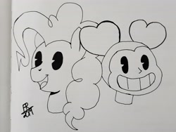 Size: 4032x3024 | Tagged: safe, artist:feralroku, derpibooru import, pinkie pie, earth pony, pony, crossover, monochrome, open mouth, smiling, spinel (steven universe), steven universe, steven universe: the movie, traditional art