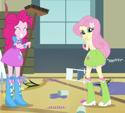 Size: 570x516 | Tagged: safe, artist:thedarkpony, edit, edited screencap, screencap, fluttershy, pinkie pie, equestria girls, cropped, fart, fart edit, fart noise, female, onomatopoeia, sound effects