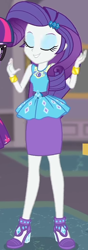 Size: 318x907 | Tagged: safe, screencap, rarity, twilight sparkle, better together, equestria girls, school of rock, clothes, cropped, cute, dress, eyes closed, female, field trip, geode of shielding, gold, hairclip, high heels, jewelry, magical geodes, museum, raribetes, shoes, skirt, sleeveless, smiling, waistband, wrist cuffs