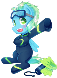 Size: 2774x3775 | Tagged: safe, artist:patchnpaw, oc, oc only, oc:sea glow, pegasus, pony, air tank, flippers, scuba, scuba mask, simple background, solo, transparent background, wetsuit