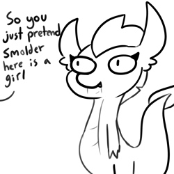 Size: 2250x2250 | Tagged: safe, artist:tjpones, part of a set, smolder, dragon, dialogue, female, implied gallus, monochrome, offscreen character, simple background, white background