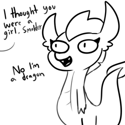 Size: 2250x2250 | Tagged: safe, artist:tjpones, part of a set, smolder, dragon, dialogue, female, implied gallus, monochrome, offscreen character, simple background, weird lizzer hole, white background