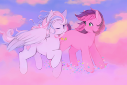 Size: 1280x860 | Tagged: safe, artist:serafelis, skywishes, star catcher, butterfly, earth pony, pegasus, pony, dancing in the clouds, g3, blushing, cloud, cute, female, flying, g3 to g4, generation leap, lesbian, looking at each other, mare, one eye closed, raised hoof, scene interpretation, shipping, skycatcher, sparkles, wink