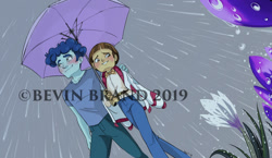 Size: 1280x740 | Tagged: safe, artist:bevin brand, curly winds, some blue guy, wiz kid, better together, equestria girls, blushing, care root, clothes, commission, commissioner:imperfectxiii, flower, gay, hand on shoulder, jacket, male, obtrusive watermark, rain, shipping, umbrella, watermark, wizwinds