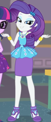 Size: 381x912 | Tagged: safe, screencap, rarity, sci-twi, twilight sparkle, better together, equestria girls, school of rock, clothes, cropped, cute, dress, female, field trip, geode of shielding, gold, hairclip, high heels, jewelry, lidded eyes, looking down, magical geodes, museum, raribetes, shoes, skirt, smiling, waistband, wrist cuffs