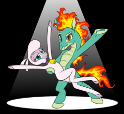 Size: 1400x1288 | Tagged: safe, artist:ponysickle, derpibooru exclusive, pom lamb, tianhuo, dragon, hybrid, lamb, longma, sheep, them's fightin' herds, bell, black background, cloven hooves, collar, community related, dancing, female, lesbian, pomhuo, shipping, simple background, spotlight