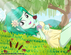 Size: 836x648 | Tagged: safe, artist:charliexe, wallflower blush, equestria girls, alternate hairstyle, clothes, crepuscular rays, cute, dress, female, flower, flower in hair, flowerbetes, freckles, grass, solo, sundress, tree, wallflower and plants