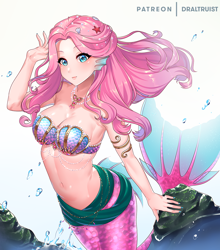 Size: 1100x1250 | Tagged: safe, artist:draltruist, fluttershy, mermaid, monster girl, anime, belly button, breasts, cute, digital art, female, fin ears, gills, hootershy, jewelry, mermaidized, michelle (dragon quest), midriff, necklace, shell, shell bra, shyabetes, smiling, solo, species swap, starfish, underwater