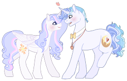Size: 1682x1072 | Tagged: safe, artist:sweet-psycho-uwu, oc, oc only, oc:moonstone heart, oc:pure compassion, alicorn, pony, unicorn, alicorn oc, base used, blushing, eye contact, female, freckles, heart, looking at each other, male, mare, simple background, stallion, transparent background