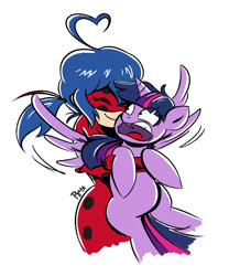 Size: 595x715 | Tagged: safe, artist:pyroprye, twilight sparkle, twilight sparkle (alicorn), alicorn, human, ladybug, pony, big no, coccinellidaephobia, crossover, do not want, eye clipping through hair, holding a pony, hug, marinette dupain-cheng, miraculous ladybug, scared, screaming, simple background, this will end in tears, twilight hates ladybugs, twilight is afraid of miraculous ladybug, white background