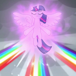 Size: 600x600 | Tagged: safe, screencap, twilight sparkle, twilight sparkle (alicorn), alicorn, pony, the ending of the end, cropped, floating, magic, magic aura, magic of friendship, rainbow, rainbow of harmony, spread wings, wings