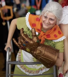 Size: 827x943 | Tagged: safe, artist:sarahndipity212, artist:zombienixon, granny smith, human, bronycon, clothes, cosplay, costume, devil horn (gesture), infinity gauntlet, irl, irl human, keyblade, kingdom hearts, photo, revenge