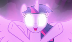 Size: 1200x700 | Tagged: safe, screencap, twilight sparkle, twilight sparkle (alicorn), alicorn, pony, the ending of the end, glowing eyes, happy, magic, spread hooves