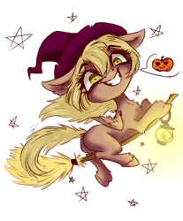 Size: 1900x2300 | Tagged: safe, artist:гусь, oc, oc:una, earth pony, pegasus, broom, flying, flying broomstick, halloween, happy, hat, holiday, lantern, pumpkin, smiling, smiling at you, solo, stars, witch, witch hat