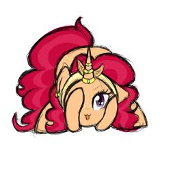 Size: 700x700 | Tagged: safe, artist:idoartz, oc, oc:apple spice, pony, unicorn, :3, catface, female, horn, horn ring, looking at you, mare, offspring, parent:apple split, parent:saffron masala, simple background, solo, white background